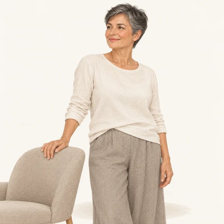 Editorial illustration of a woman standing confidently beside a chair