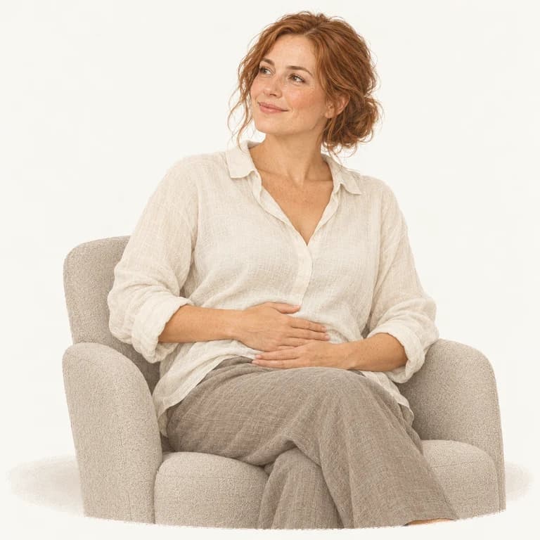 Editorial illustration of a woman resting her hands on her clothed abdomen