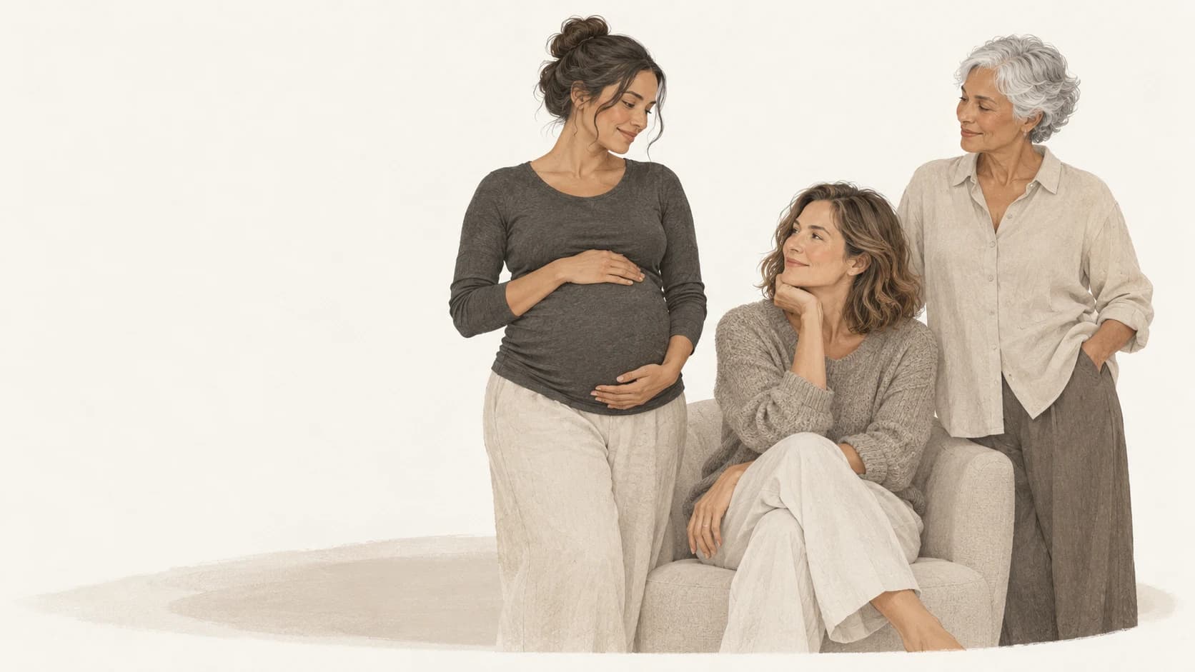 Editorial illustration of three women at different stages of life