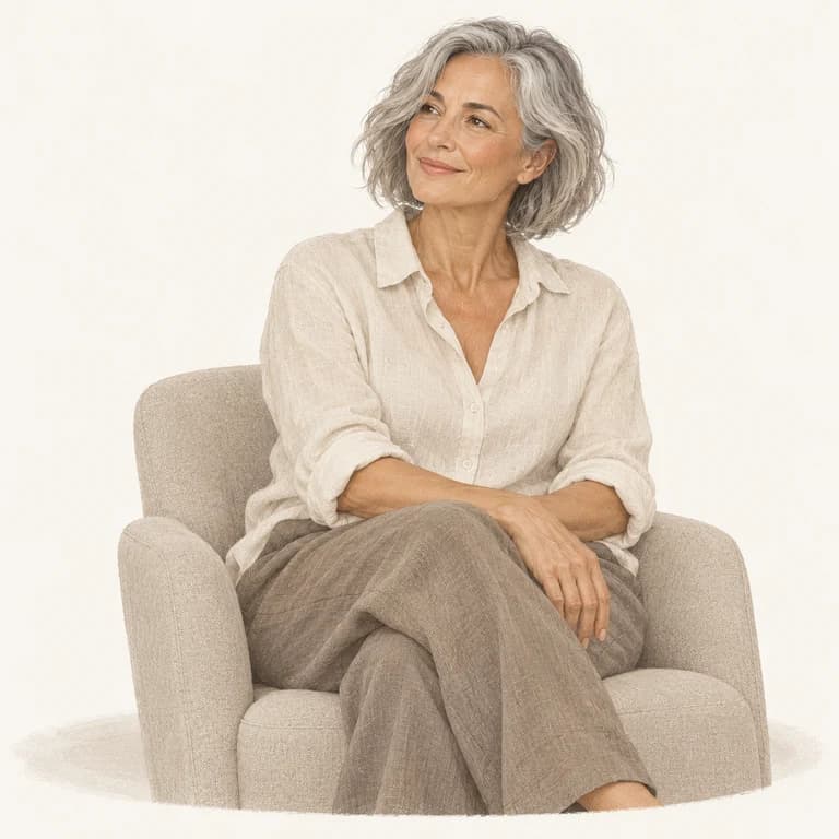 Editorial illustration of a relaxed woman with silver hair